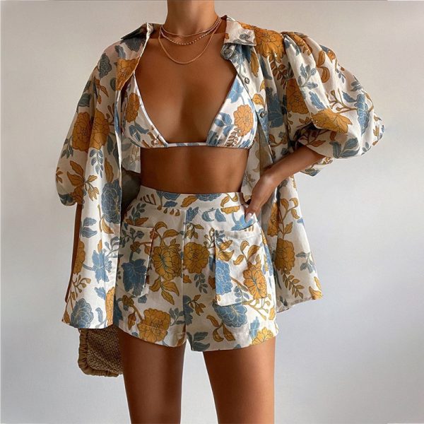 Spring Women Loose Printed Shirt Camisole Shorts Three Piece Set