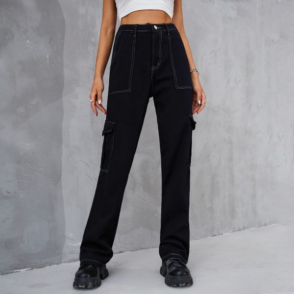 Retro Elastic Waist Denim Overalls Casual Pants Women