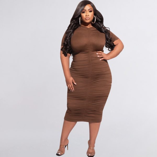 Plus Size Summer Solid Color Pleated Short Sleeves Sexy Tight  Women Dress