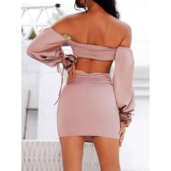 Sexy off the Shoulder Hollow Out Cutout Apricot Long Sleeve Mini Dress