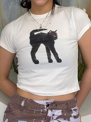 Cat Printing Contrast Color Base Slim round Neck Pullover Cropped Short Short Sleeve T shirt Top Women Clothing