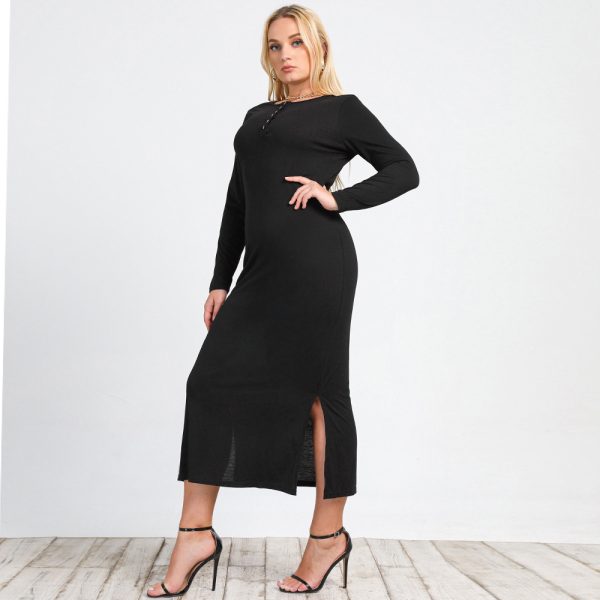 Plus Size Women  Clothing New Long Sleeve Split Knitted V-neck Sexy Slim Dress