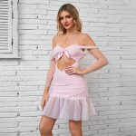 Pink Mesh Short Dress off Shoulder Slimming Summer Sexy Tube Top Ruffled Dress Short