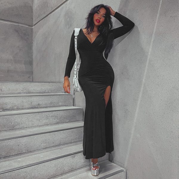 Women Clothing Autumn Winter V neck Long Sleeve High Waist Ruched Slit Sheath Dress