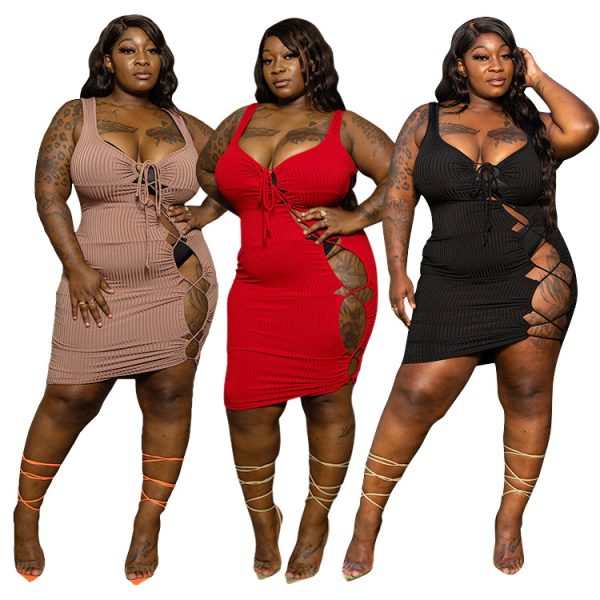 Plus Size Sexy Solid Color Hollow-out Camisole Lace-up Simple All-Match Dress