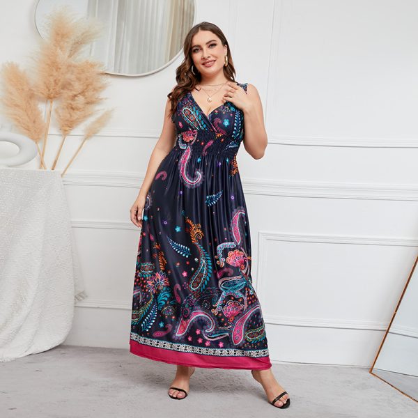 Plus Size Dress Deep V-neck Elastic Waist Girls Cinched Slimming Maxi Dress