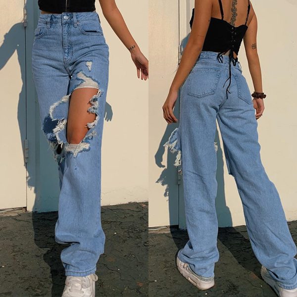 Summer Loose Personality Ripped Straight Casual Pants Jeans for Women