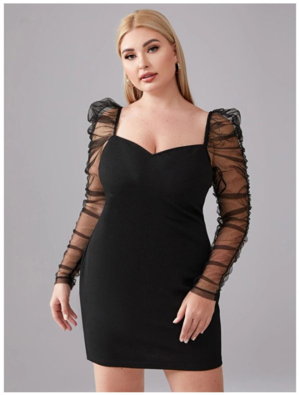 Plus Size Autumn Winter    Women Clothing Personality Sheath Mesh Long Sleeve Dress