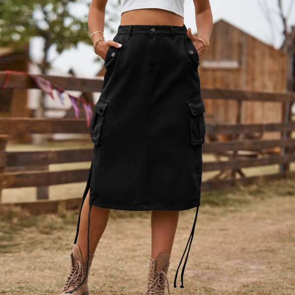 Women Clothing Denim Lace Up Skirt Casual Mid Length Skirt