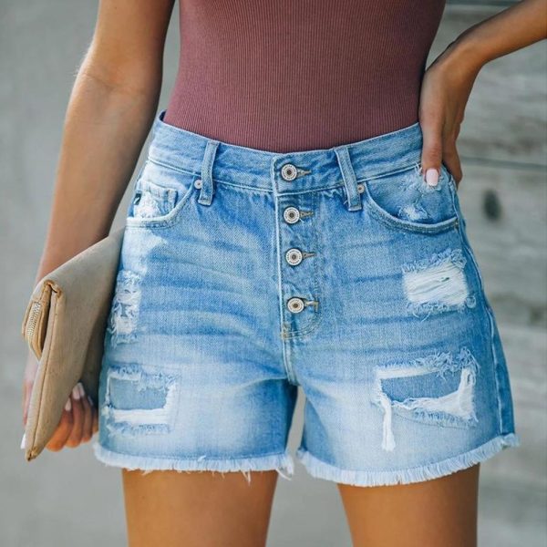 Women Clothing New Hole Patch Tassel Special One Breasted Denim Shorts  Pants