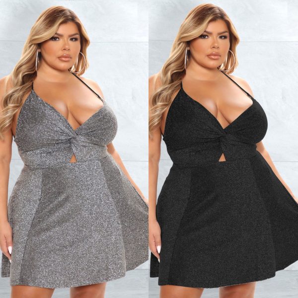 Plus Size Women Clothing  Sexy Strap Dress Lace-up Backless Silver String Short Dress Women