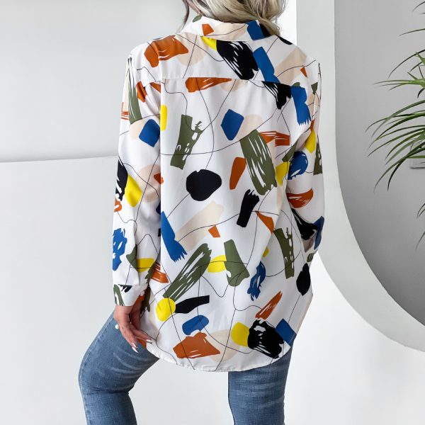 Women  Clothing Collared Print Shirt Long Sleeve Geometric Abstract