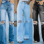 Summer High Waist Water Washed Hole Casual Denim Trousers