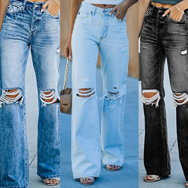 Summer High Waist Water Washed Hole Casual Denim Trousers