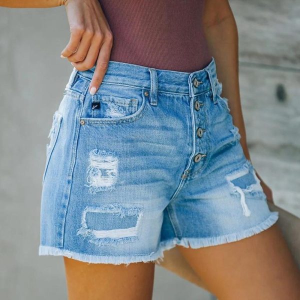 Women Clothing New Hole Patch Tassel Special One Breasted Denim Shorts  Pants