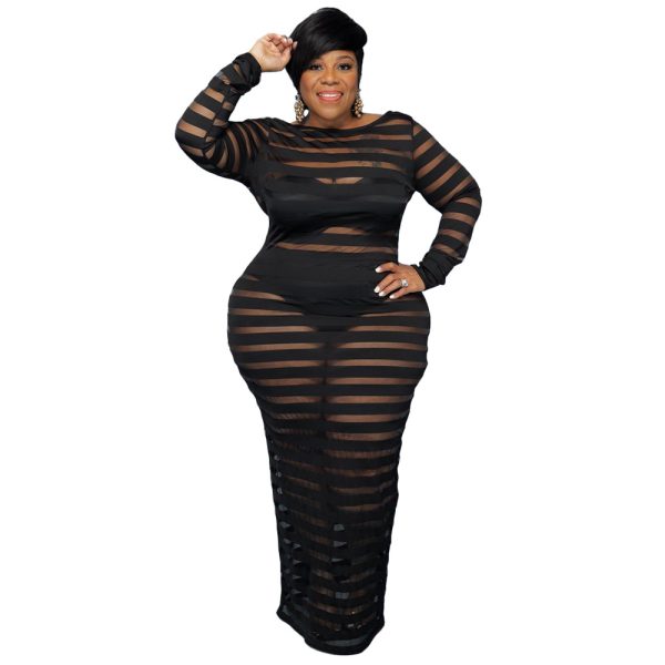 Plus Size Autumn New Sexy Women Clothing Breathable Mesh Stitching Solid Color Dress Nightclub Dress