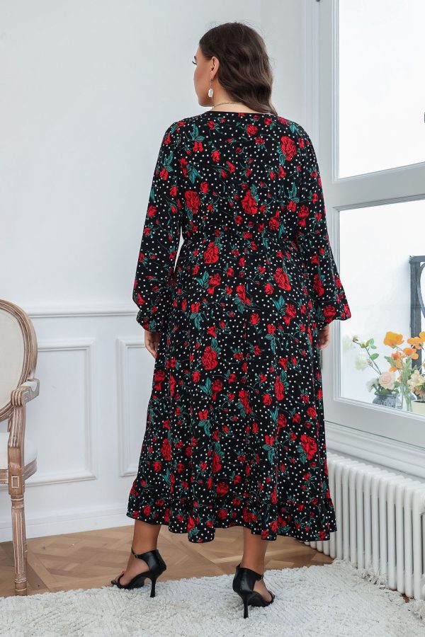 Plus Size Autumn Woven Black Chiffon Big Swing Type Office Printed  Dress Cotton Korean Shirt Dress
