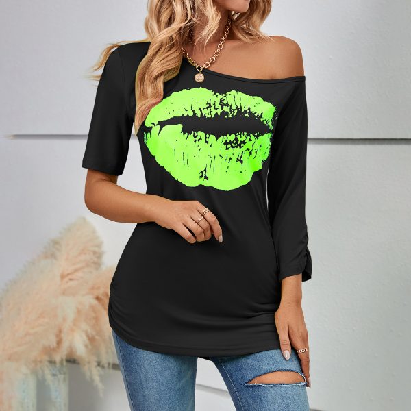 Lip Printings Short Sleeved T shirt Women off Shoulder Irregular Asymmetric Sleeve Length Slim Top Summer