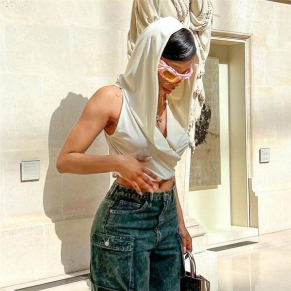 Summer Women Clothing Hooded Cropped Solid Color V neck Sleeveless Top T shirt