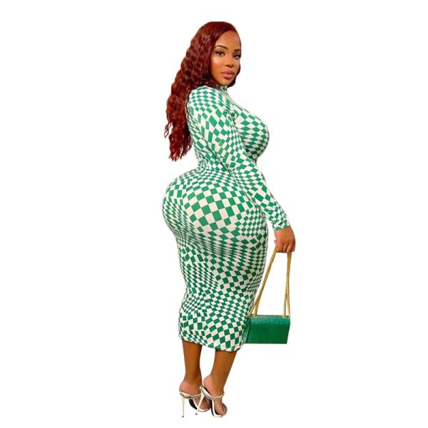 Plus Size Plaid Printed Sexy Tight Long  Dress