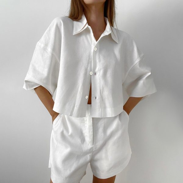 Casual White Cotton Linen Women Clothing Summer Half Sleeves Shirt Shorts Two Piece Set