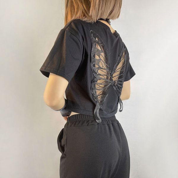 Black Lace Butterfly Exposed Cropped Short T-shirt Fashionable Loose   Hollow Out Cutout Short Sleeve Top