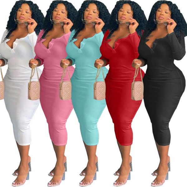 Plus Size Autumn Winter  Women Clothing Sexy Solid Color V-neck Long Sleeve  Women Dress