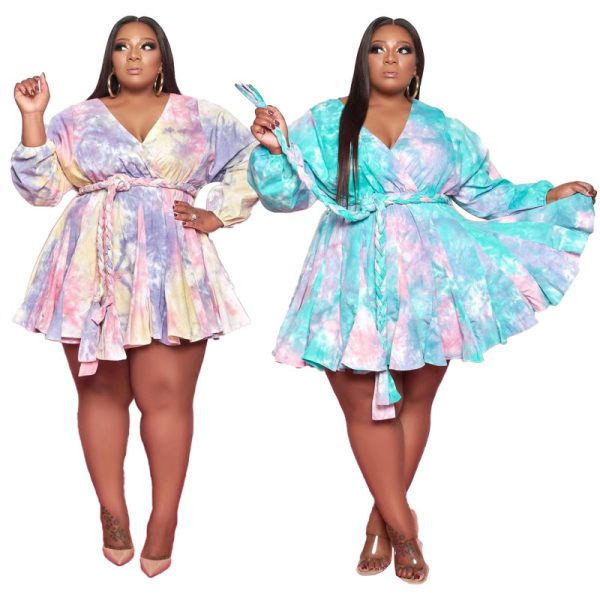 Plus Size Printed V-neck Sexy Woven Large Swing Dress with Belt  Women Dress