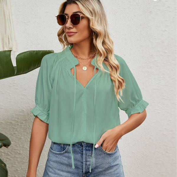 Lace Up Princess Sleeves Pleating Chiffon Blouses Women