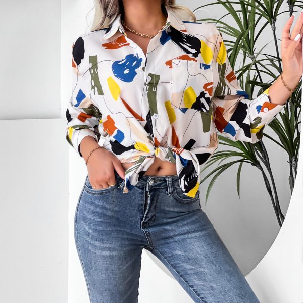 Women  Clothing Collared Print Shirt Long Sleeve Geometric Abstract