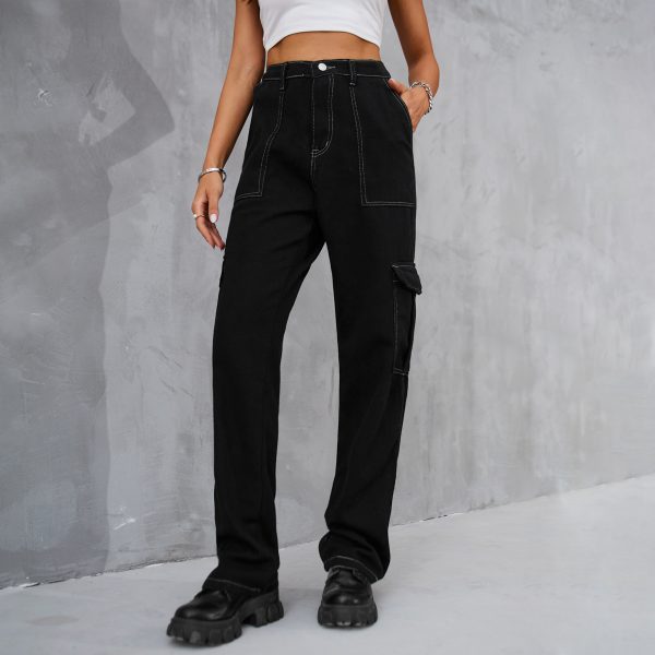 Retro Elastic Waist Denim Overalls Casual Pants Women