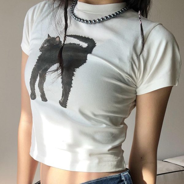 Cat Printing Contrast Color Base Slim round Neck Pullover Cropped Short Short Sleeve T shirt Top Women Clothing