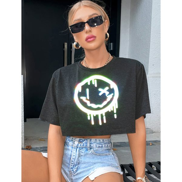 Cute Smiley Face Women Clothing Spring Summer All-Match Trendy Smiley Printed Reflective Short-Sleeved T-shirt