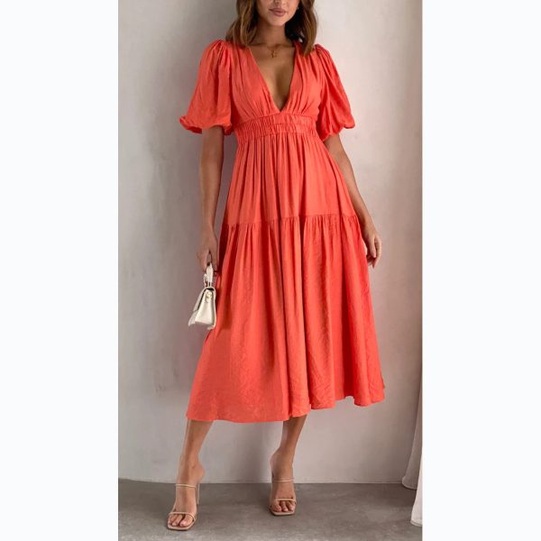 Casual Trends Summer V neck Tight Waist Mid Length Dress