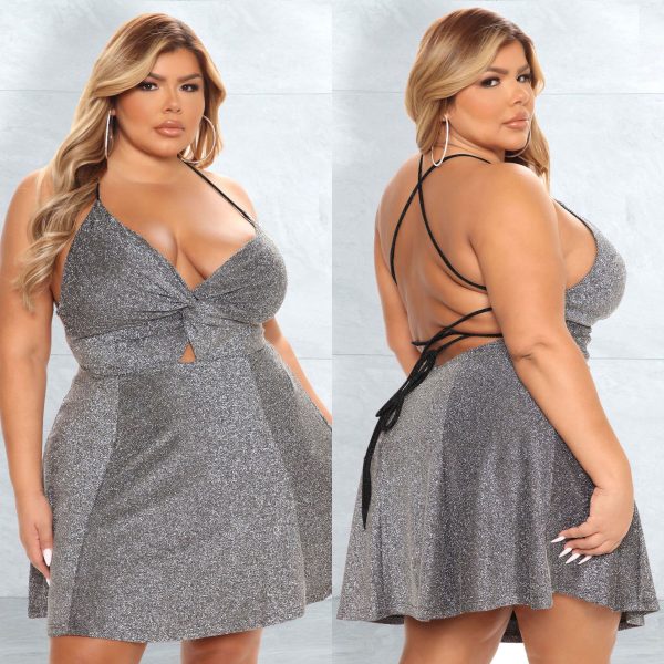 Plus Size Women Clothing  Sexy Strap Dress Lace-up Backless Silver String Short Dress Women