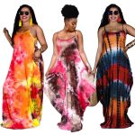 Plus Size Tie-Dyed Printed Loose Strap Long  Women Dress