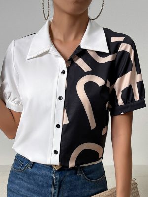 Shirt Women Summer Office Contrast Color Short Sleeve Top