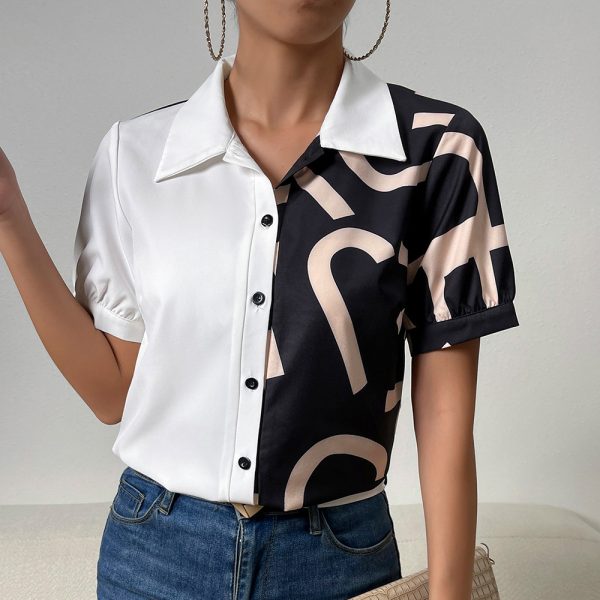 Shirt Women Summer Office Contrast Color Short Sleeve Top