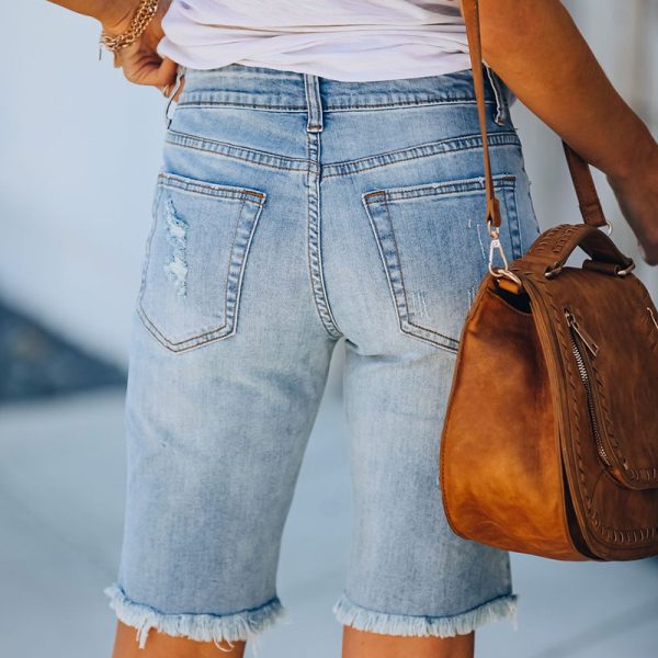 Women Clothing  All-Match Denim Washed Frayed Hem Pants