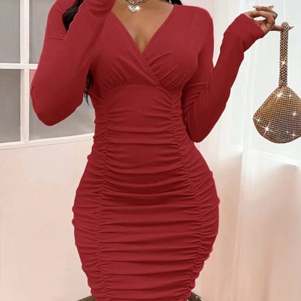 Sweet Sexy Women Clothing Direct Knitted Solid Color Slim Fit Pleating Sheath Dress