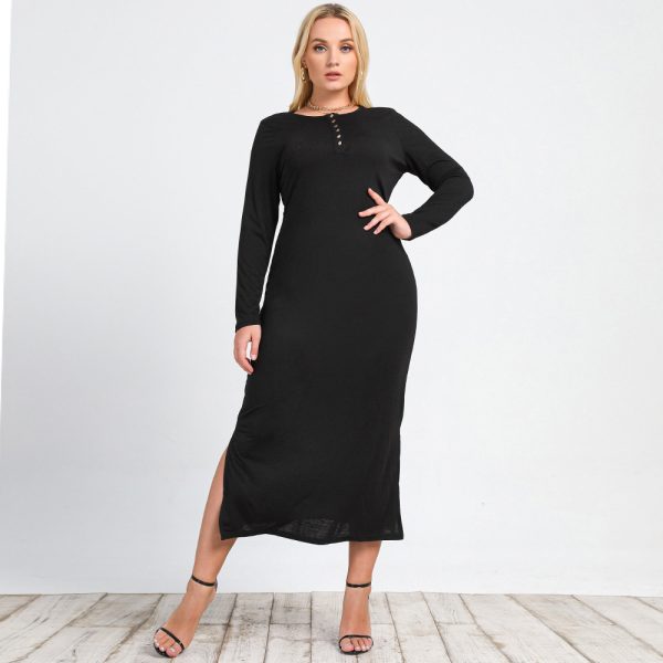 Plus Size Women  Clothing New Long Sleeve Split Knitted V-neck Sexy Slim Dress