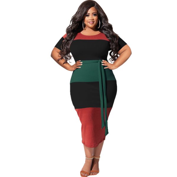 Plus Size Thread Stitching Contrast Color Tight  Women Dress