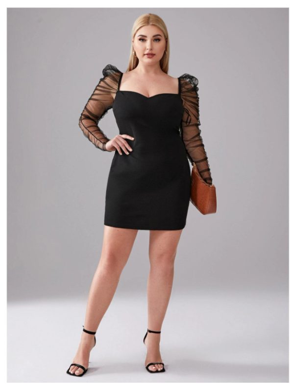 Plus Size Autumn Winter    Women Clothing Personality Sheath Mesh Long Sleeve Dress