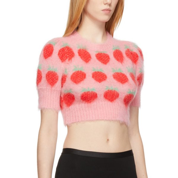 Fall Women Clothing Cropped Strawberry Mohair Short Slim Fit Sweet Knitted Women T shirt Short Sleeve Top