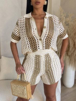 Women Clothing Sexy Women Hollow Out Cutout Out See Through Collared Knitted Shorts Suit