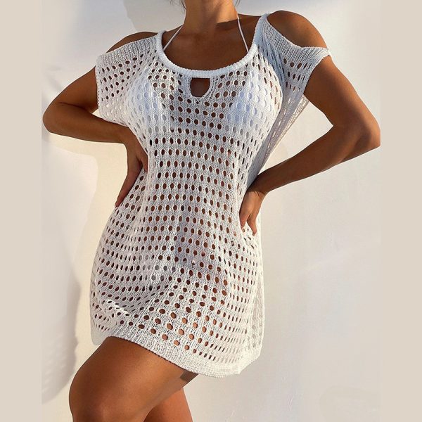 Knitted Strapless Beach Cover up Sexy Cutout Vacation Sun Protection Shirt Bikini Swimsuit Blouse