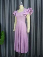 Spring Autumn Light Purple Square Collar Dress Elegant Graceful Casual Office Pleated Dresses