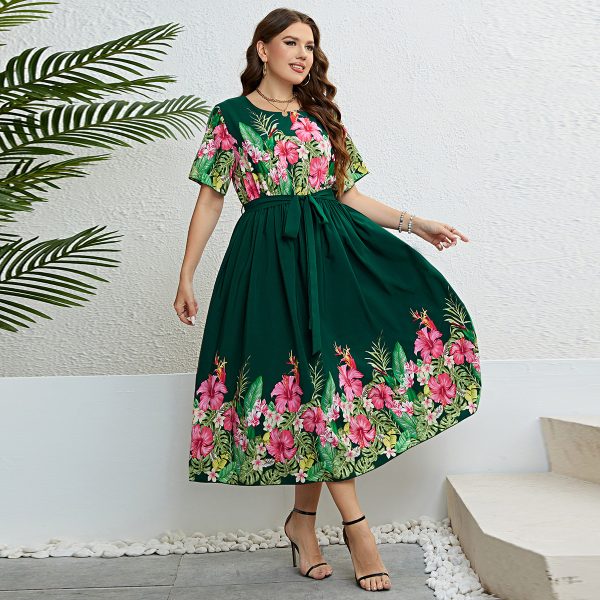 Popular Summer Green Printing Lace up Waist Controlled Dress Women