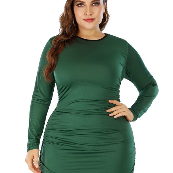 Plus Size Spring Summer  Women Clothes round Neck Long Sleeve Color Matching Drawstring Bag Hip Dress