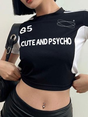 Early Summer Women Clothing Contrast Color Braid Small Loose Letter Graphic Printing Casual Crop Top Short Sleeve T shirt